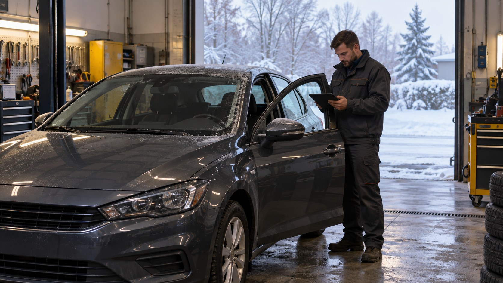 Автомобиль у ворот мастерской зимним утром, рядом мастер с диагностическим планшетом