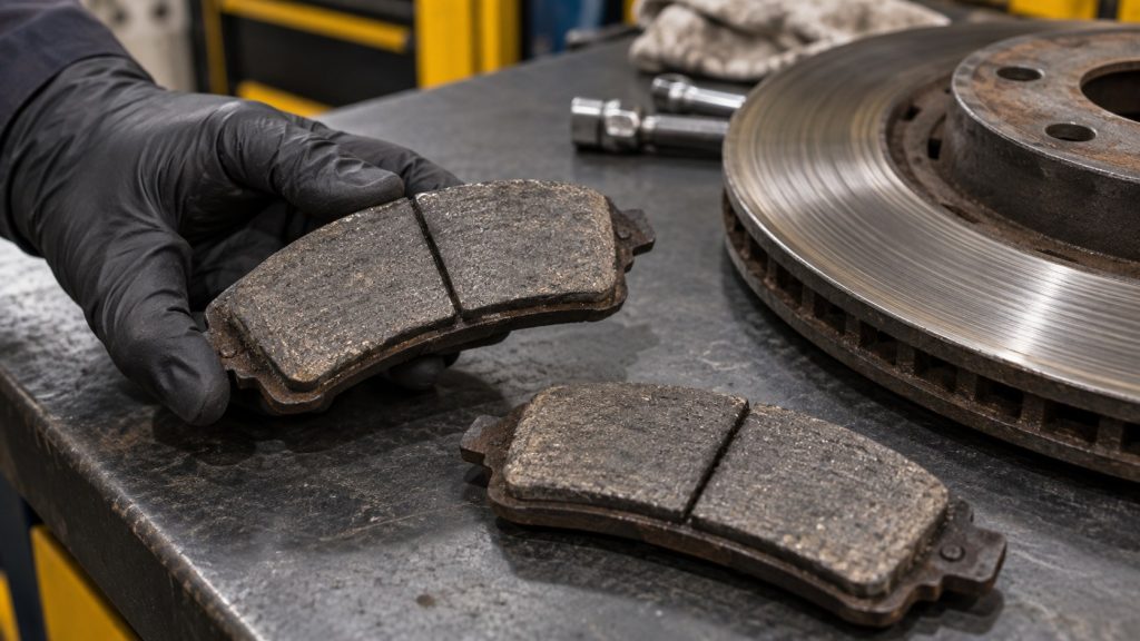 Зношені гальмівні колодки та диск із круговими слідами роботи на верстаку