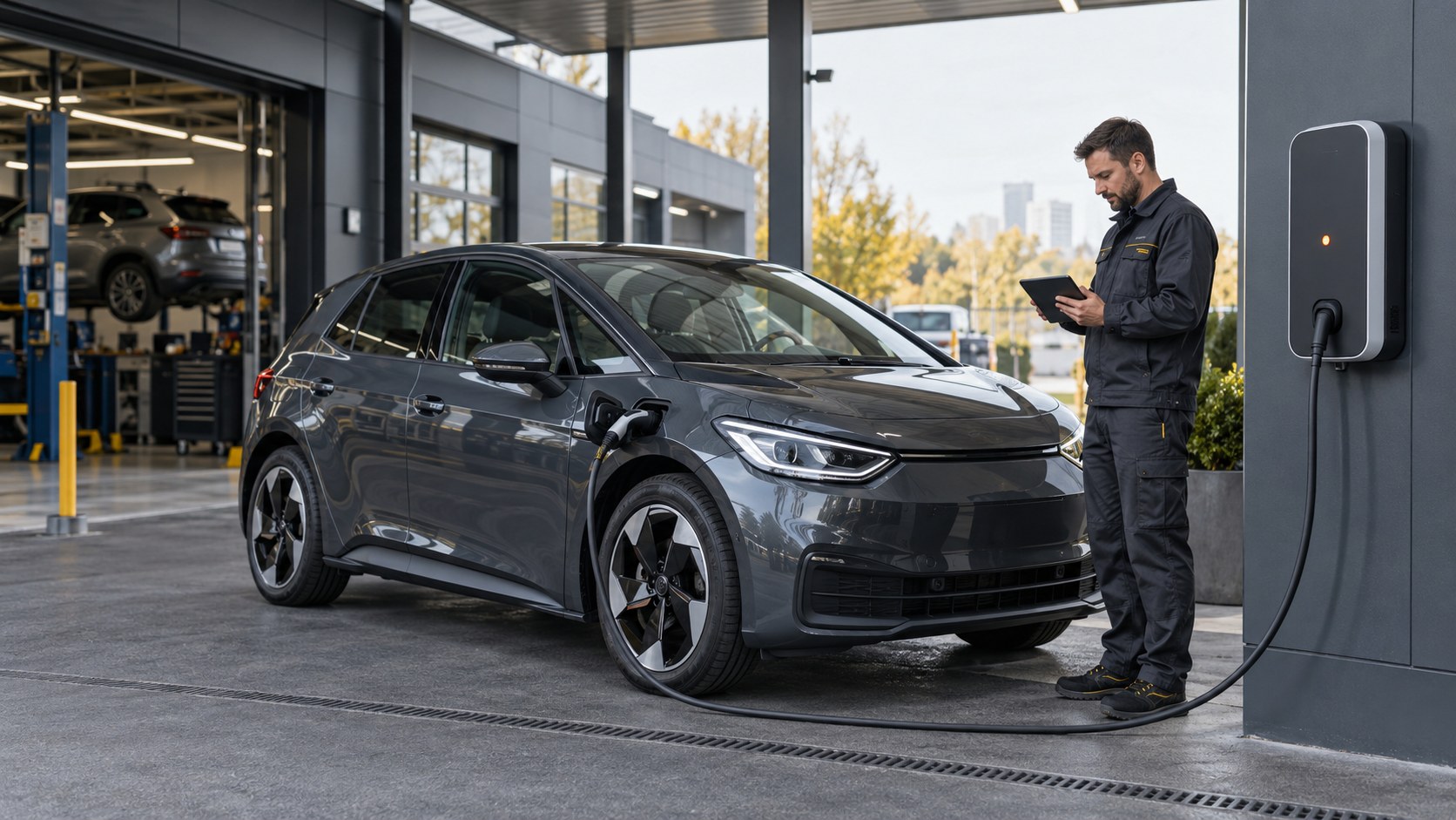 Мастер проверяет состояние электромобиля у зарядной станции