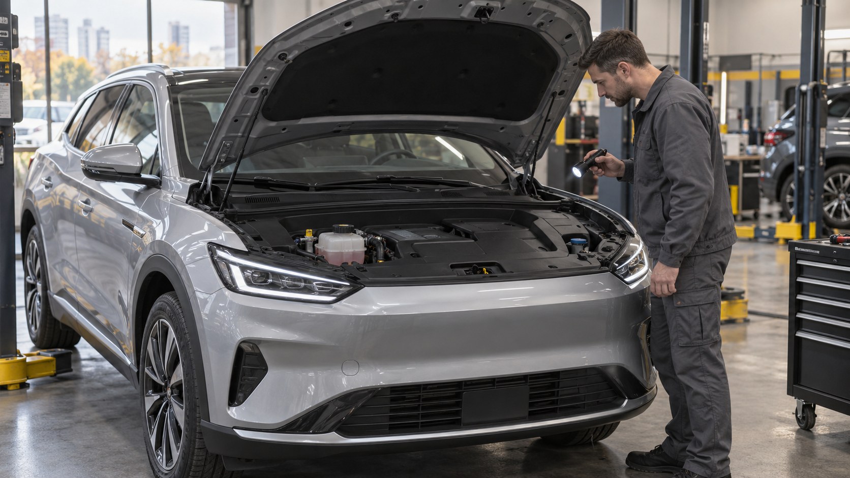 Мастер осматривает сервисный отсек электромобиля и систему охлаждения